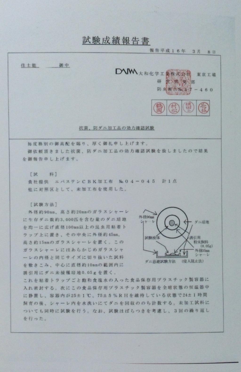 日本厚生省抗菌防螨檢驗報告